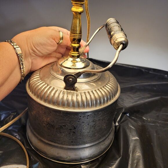 Vtg Nickel Plated Teapot Electric Lamp W/blue Checkered Shade - Picture 9 of 16